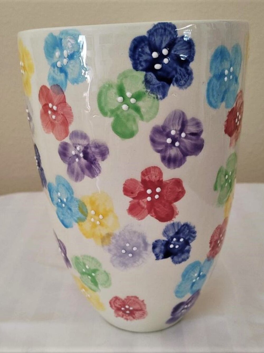 Vase Whimsical Textured Art Pottery Crazy Dabbled Multi Color Florals 8.5" T